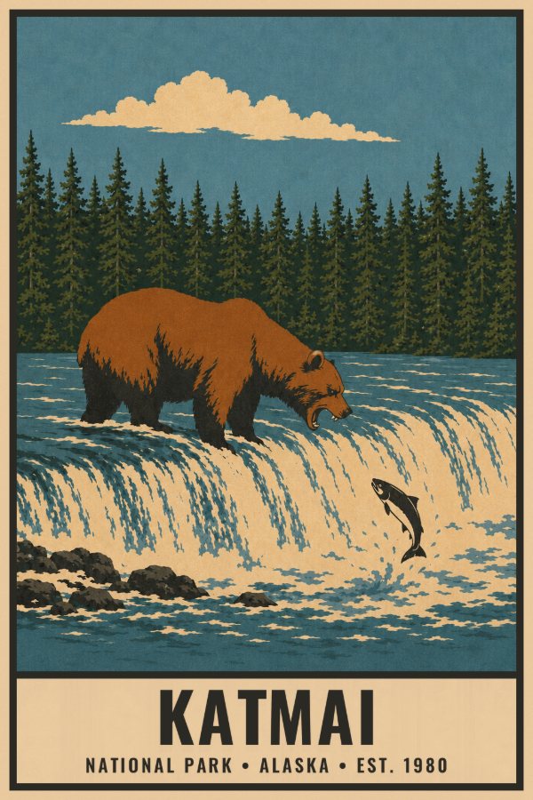 Katmai National Park Poster — vintage flat-ink style travel print of Katmai, Alaska