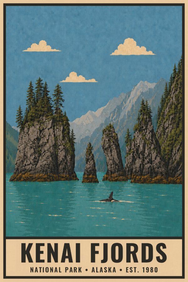 Kenai Fjords National Park Poster — vintage flat-ink style travel print of Kenai Fjords, Alaska