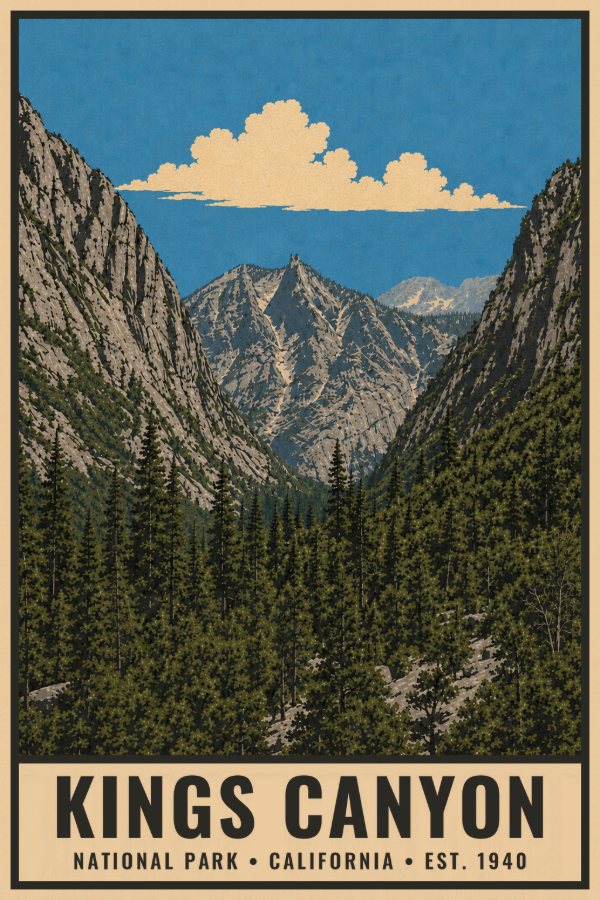 Kings Canyon National Park Poster — vintage flat-ink style travel print of Kings Canyon, California