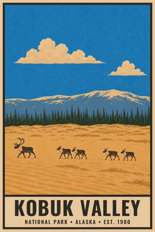 Kobuk Valley National Park Poster — vintage flat-ink style travel print of Kobuk Valley, Alaska
