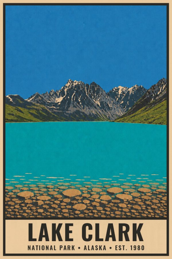Lake Clark National Park Poster — vintage flat-ink style travel print of Lake Clark, Alaska
