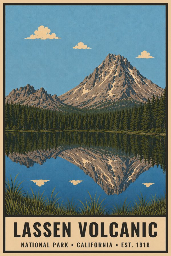 Lassen Volcanic National Park Poster — vintage flat-ink style travel print of Lassen Volcanic, California