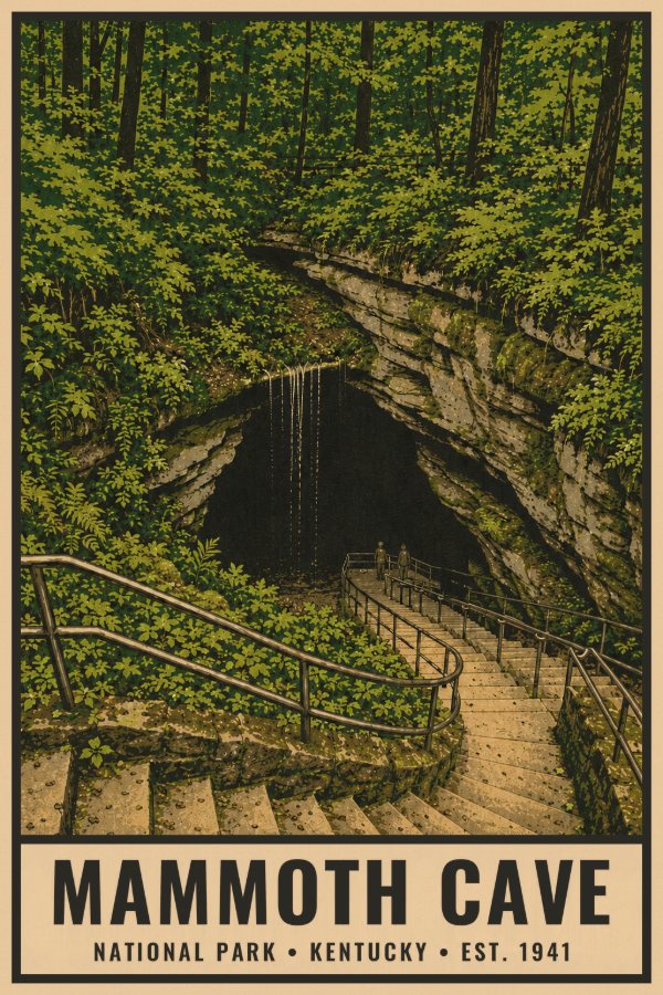 Mammoth Cave National Park Poster — vintage flat-ink style travel print of Mammoth Cave, Kentucky
