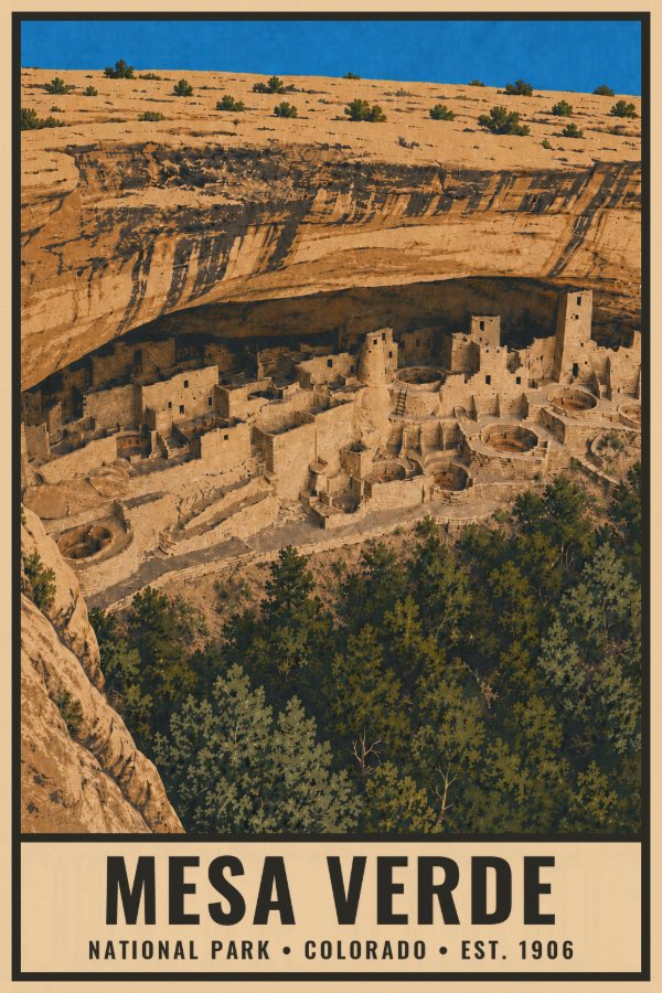 Mesa Verde National Park Poster — vintage flat-ink style travel print of Mesa Verde, Colorado