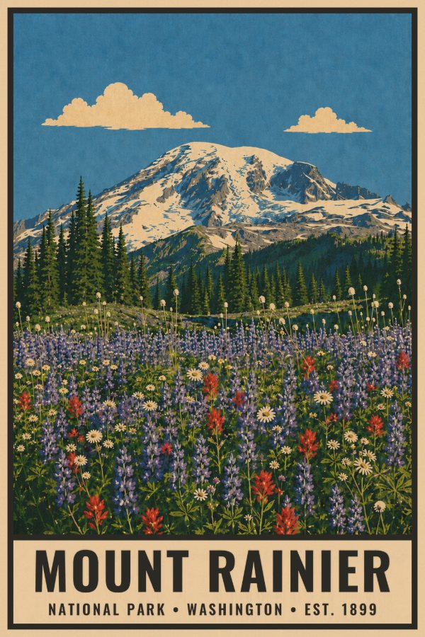 Mount Rainier National Park Poster — vintage flat-ink style travel print of Mount Rainier, Washington