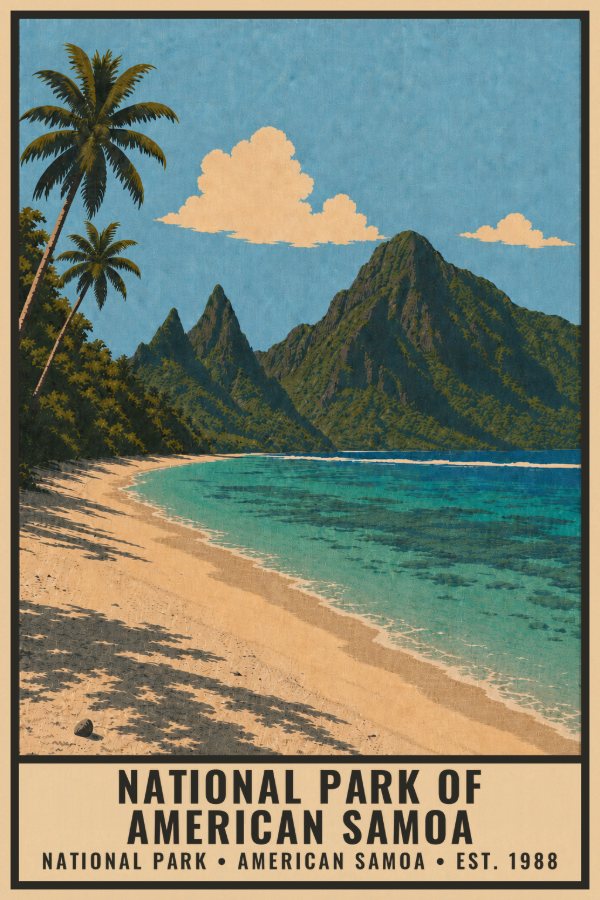 National Park of American Samoa Poster — vintage flat-ink style travel print of National Park of American Samoa, American Samoa