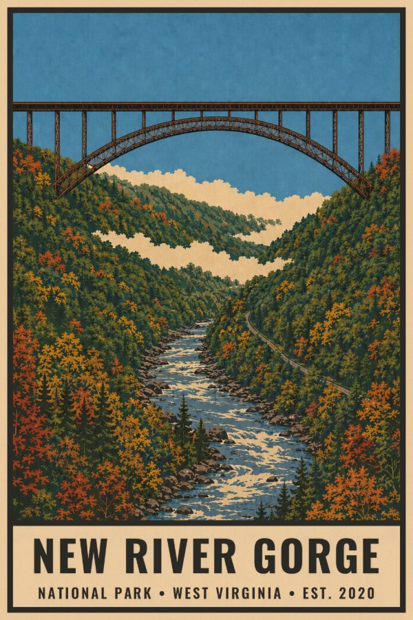 New River Gorge National Park Poster — vintage flat-ink style travel print of New River Gorge, West Virginia
