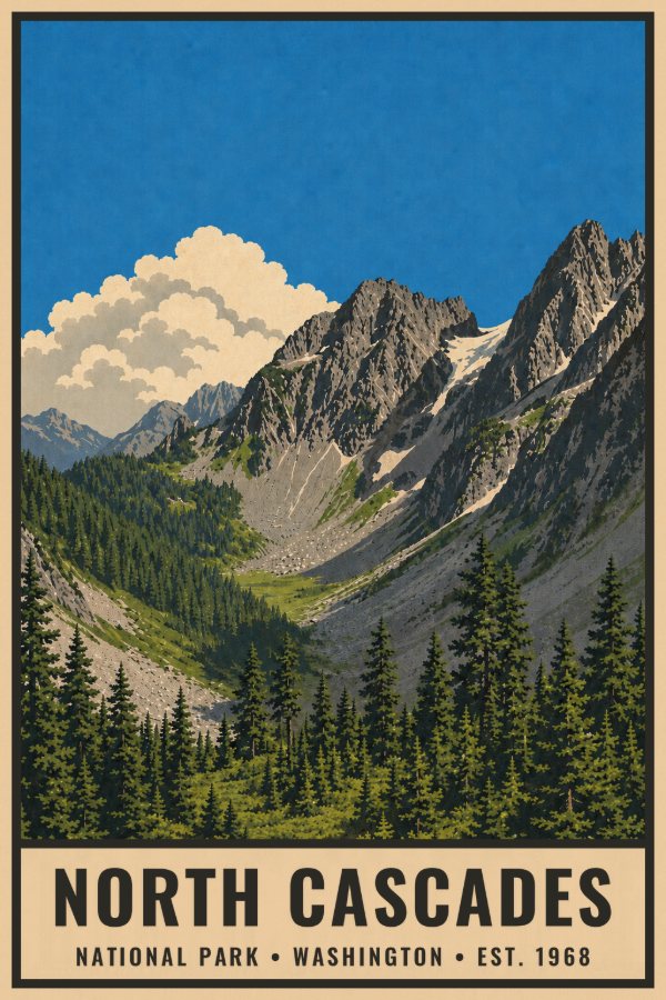 North Cascades National Park Poster — vintage flat-ink style travel print of North Cascades, Washington