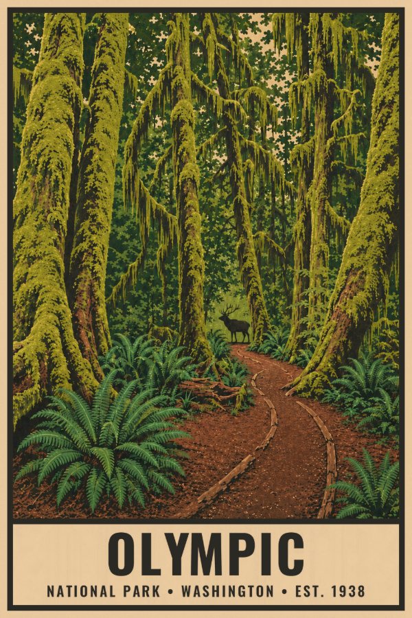 Olympic National Park Poster — vintage flat-ink style travel print of Olympic, Washington
