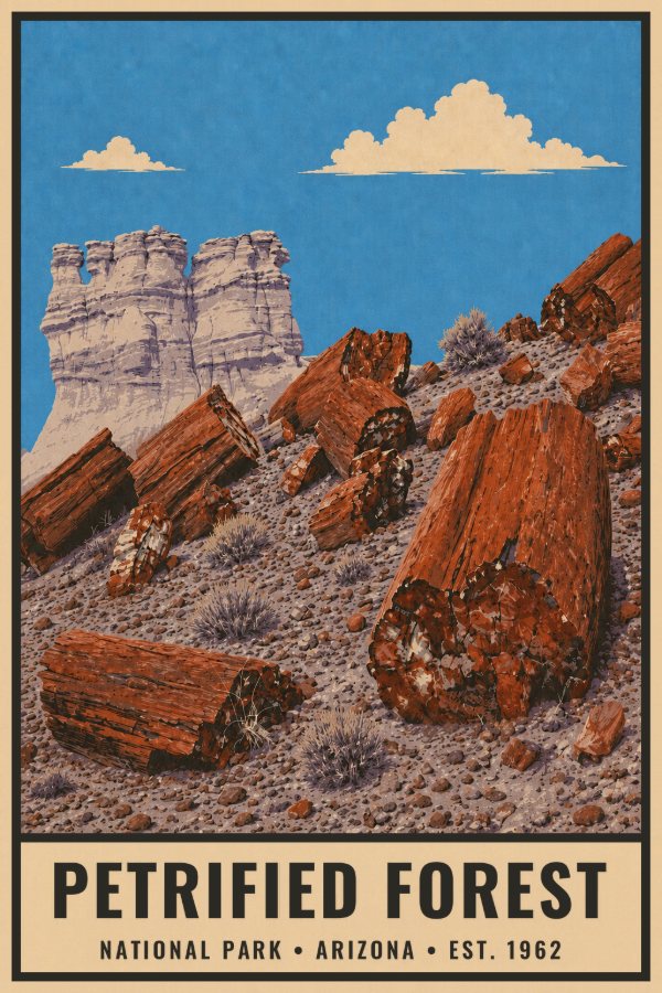 Petrified Forest National Park Poster — vintage flat-ink style travel print of Petrified Forest, Arizona
