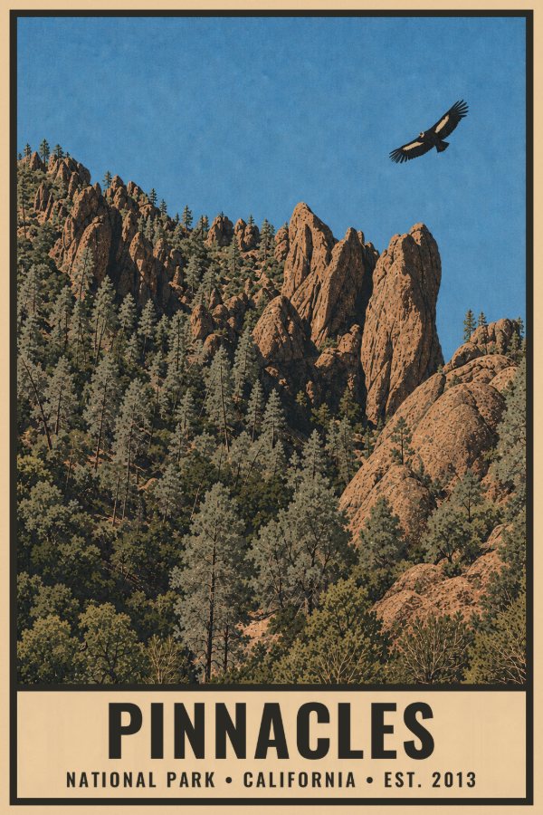 Pinnacles National Park Poster — vintage flat-ink style travel print of Pinnacles, California