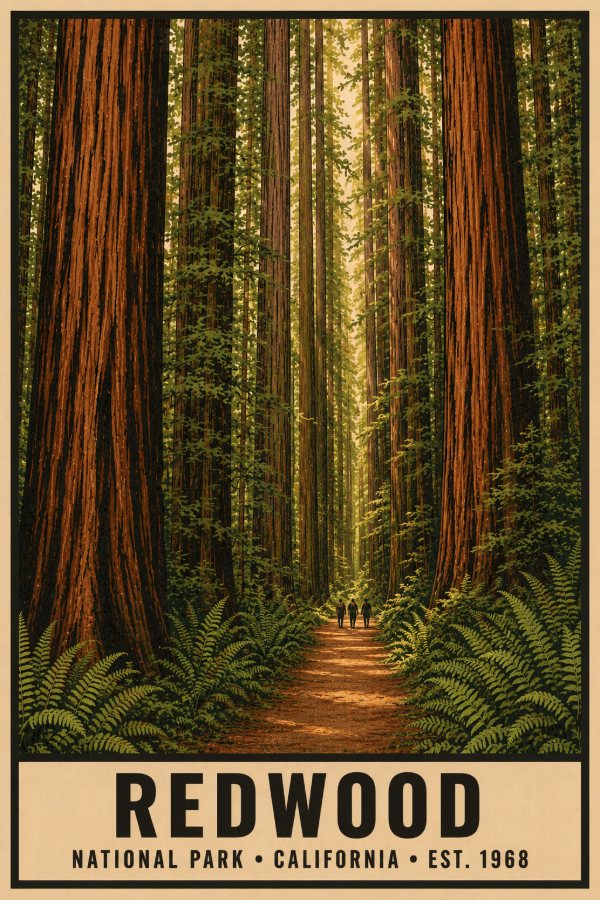 Redwood National Park Poster — vintage flat-ink style travel print of Redwood, California