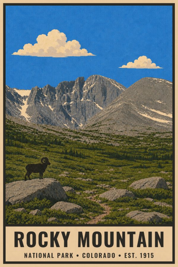 Rocky Mountain National Park Poster — vintage flat-ink style travel print of Rocky Mountain, Colorado