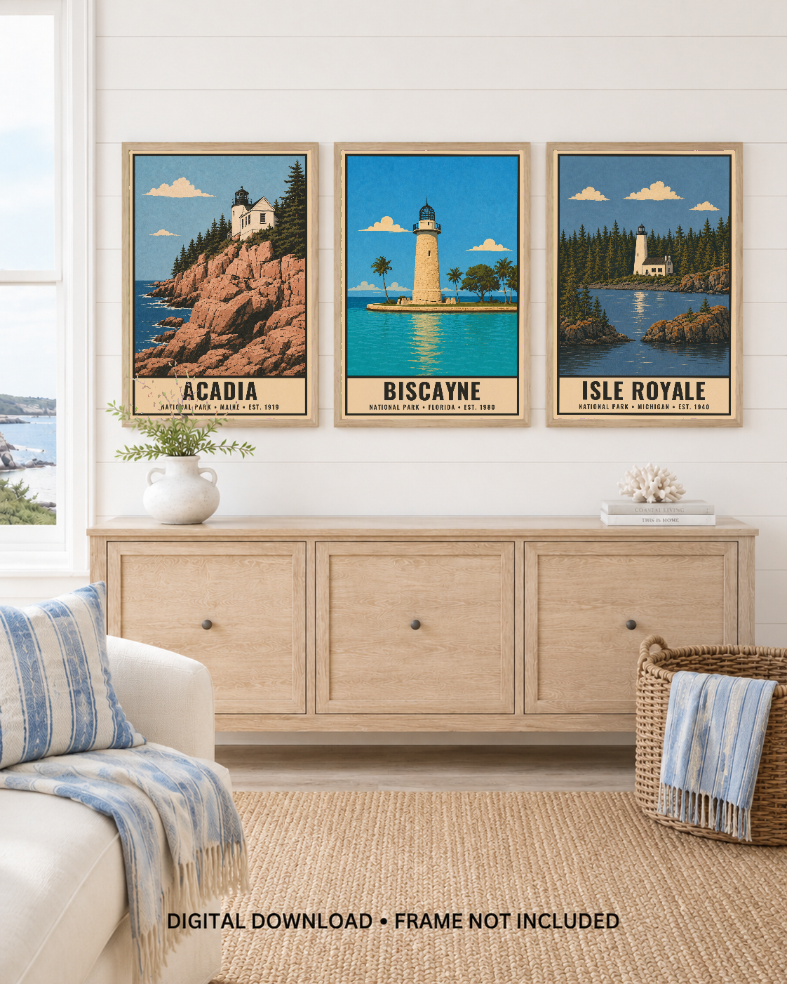 Acadia, Biscayne and Isle Royale framed together above a sideboard