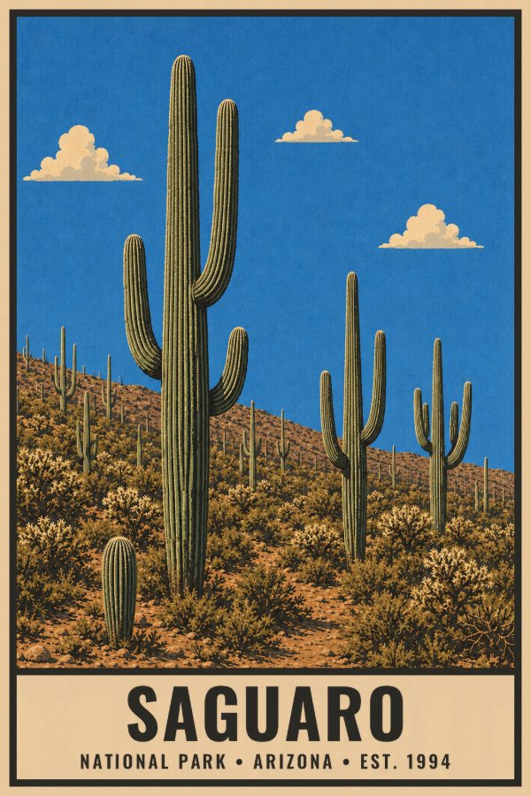 Saguaro National Park Poster — vintage flat-ink style travel print of Saguaro, Arizona