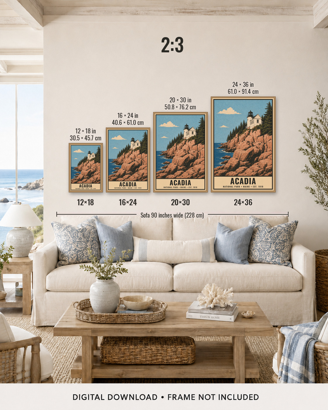 2:3 print sizes shown above a sofa — 12×18 through 24×36