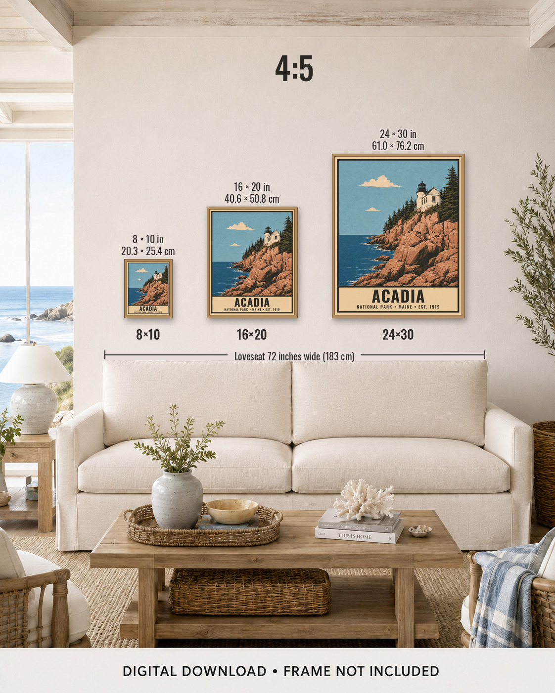 4:5 print sizes shown above a loveseat — 8×10 through 24×30