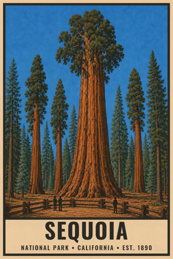 Sequoia National Park Poster — vintage flat-ink style travel print of Sequoia, California