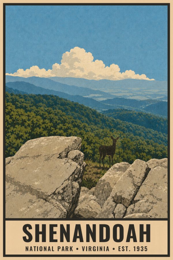 Shenandoah National Park Poster — vintage flat-ink style travel print of Shenandoah, Virginia