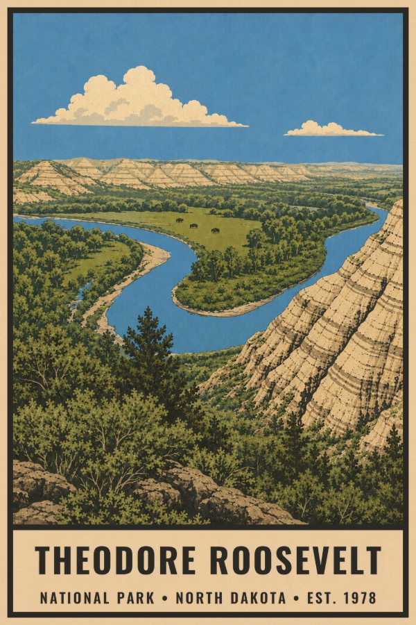 Theodore Roosevelt National Park Poster — vintage flat-ink style travel print of Theodore Roosevelt, North Dakota