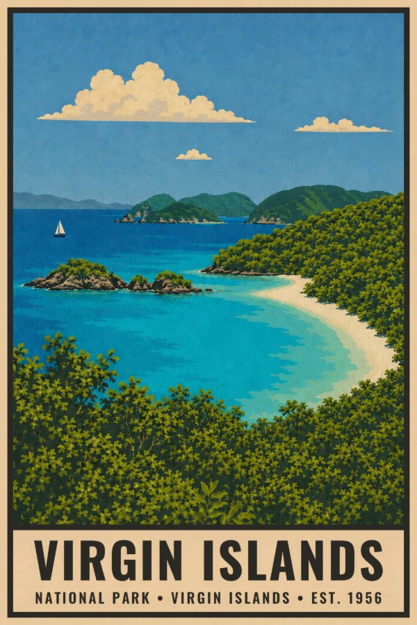Virgin Islands National Park Poster — vintage flat-ink style travel print of Virgin Islands, U.S. Virgin Islands