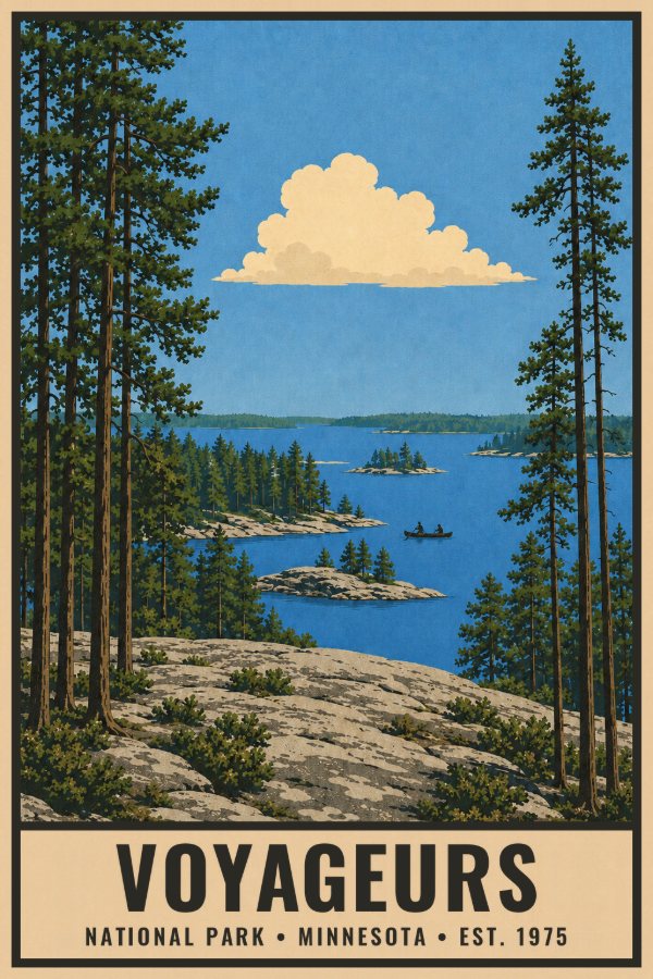 Voyageurs National Park Poster — vintage flat-ink style travel print of Voyageurs, Minnesota