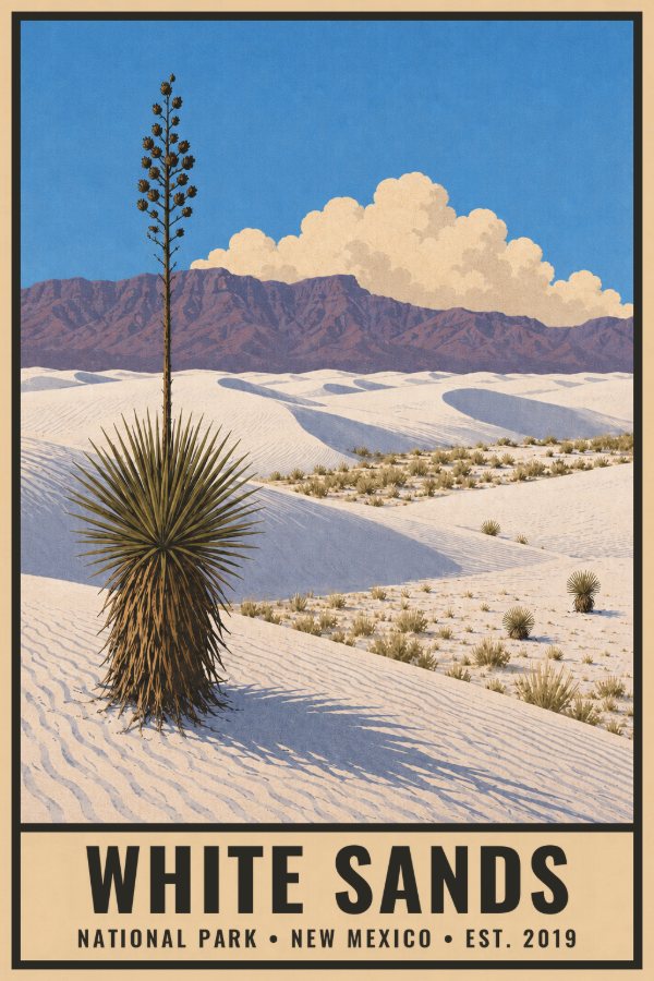 White Sands National Park Poster — vintage flat-ink style travel print of White Sands, New Mexico