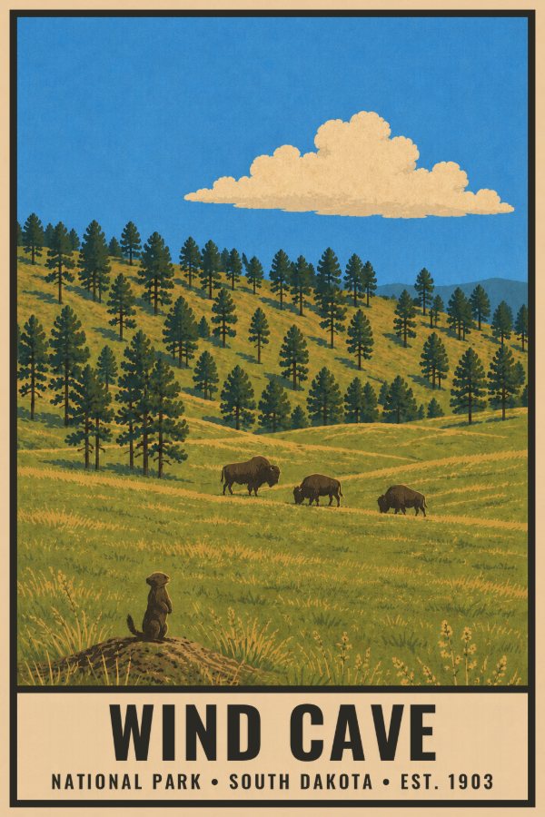 Wind Cave National Park Poster — vintage flat-ink style travel print of Wind Cave, South Dakota