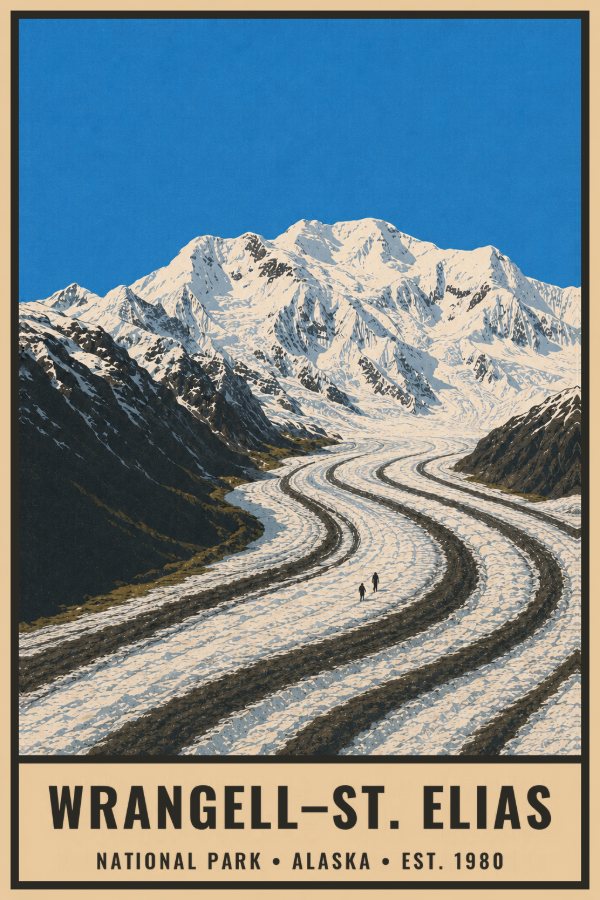 Wrangell-St. Elias National Park Poster — vintage flat-ink style travel print of Wrangell-St. Elias, Alaska