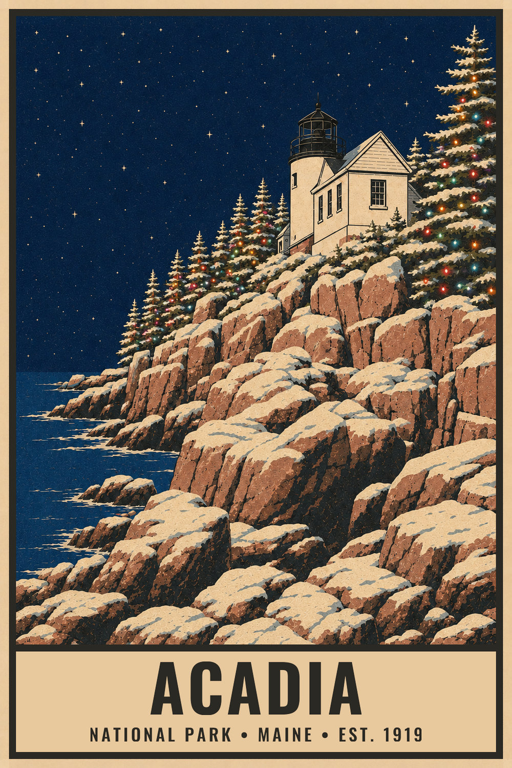 Christmas Acadia National Park Poster — vintage flat-ink style print of Acadia, Maine