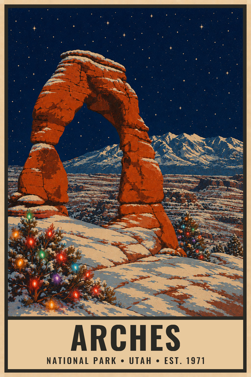 Christmas Arches National Park Poster — vintage flat-ink style print of Arches, Utah