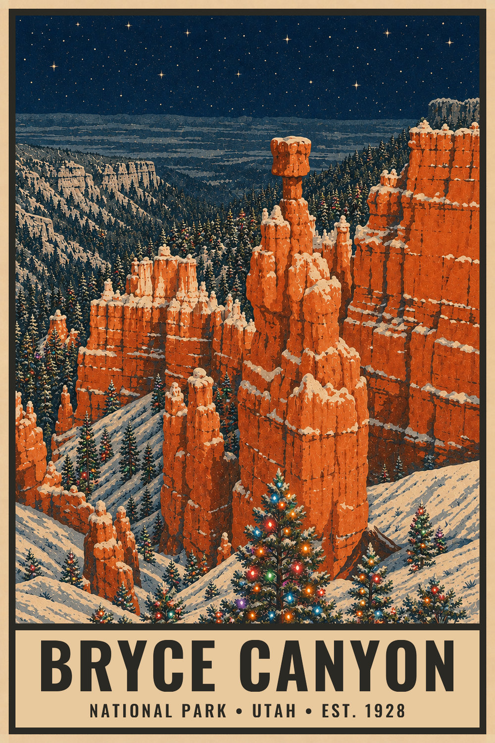Christmas Bryce Canyon National Park Poster — vintage flat-ink style print of Bryce Canyon, Utah