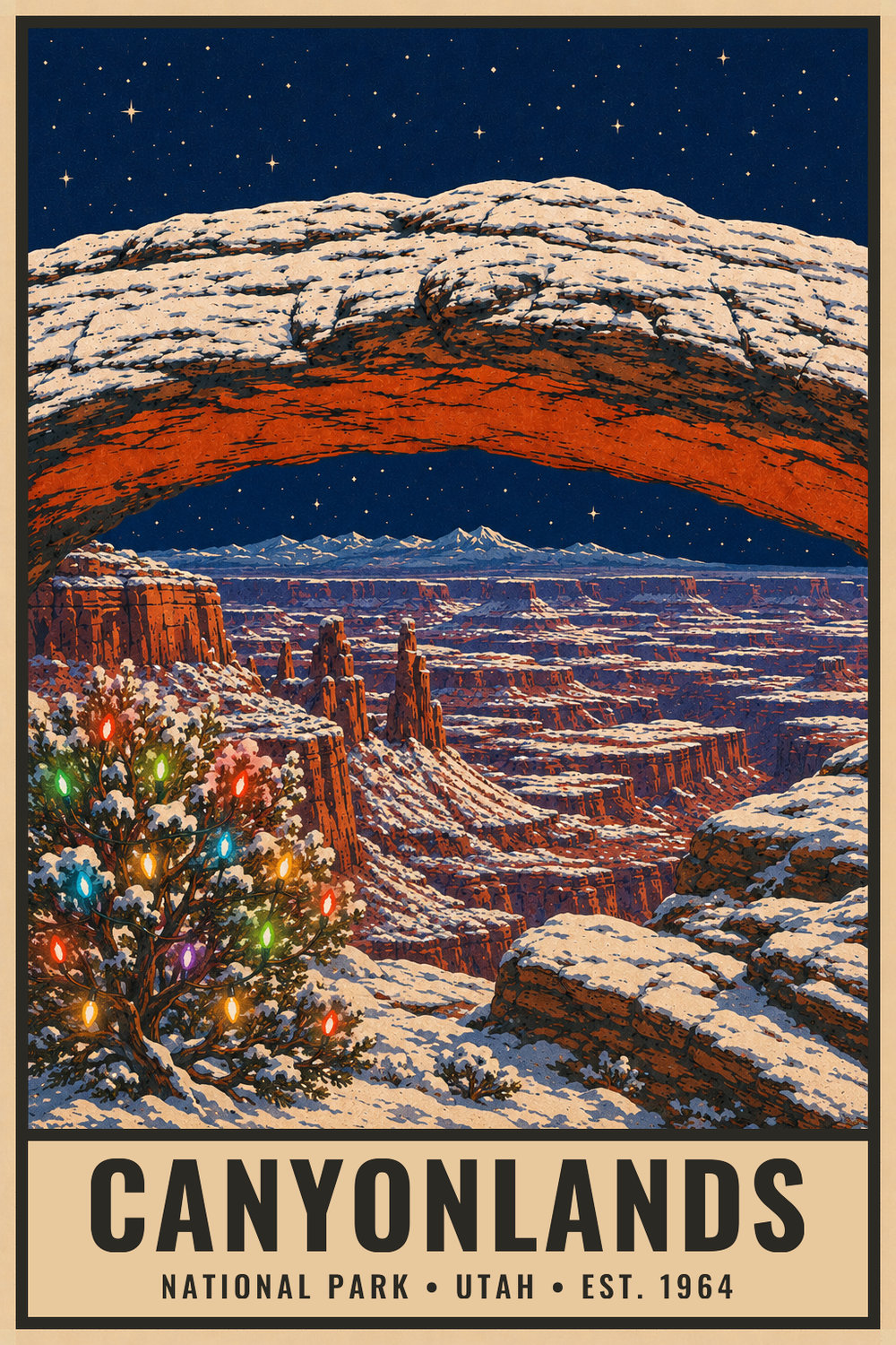Christmas Canyonlands National Park Poster — vintage flat-ink style print of Canyonlands, Utah