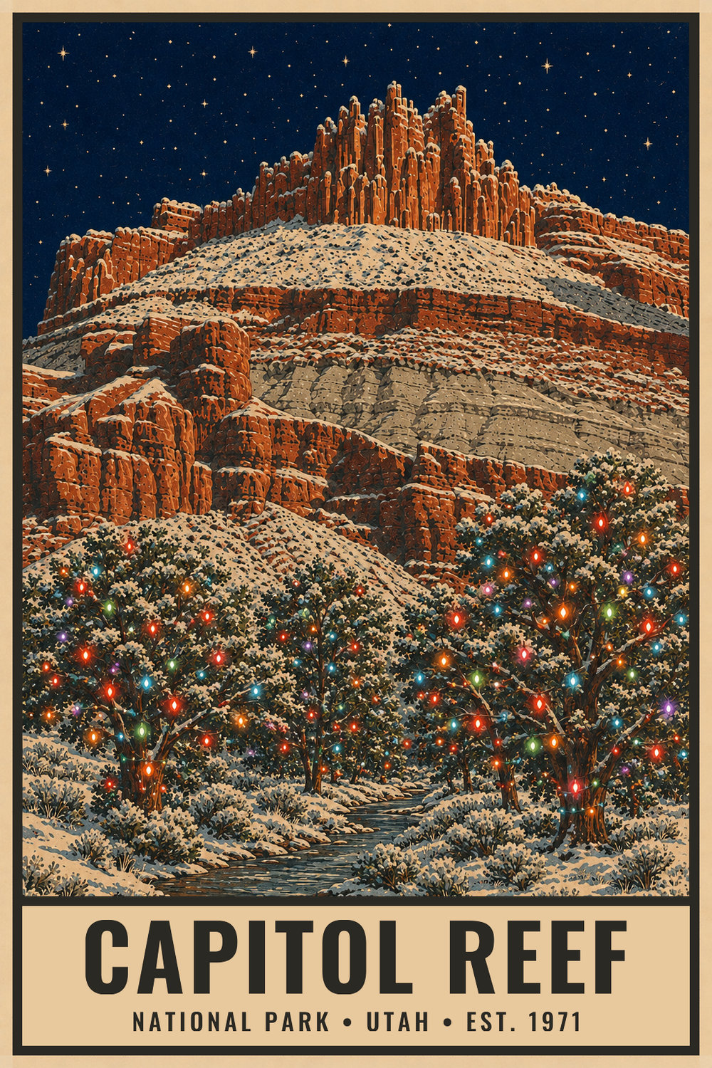 Christmas Capitol Reef National Park Poster — vintage flat-ink style print of Capitol Reef, Utah