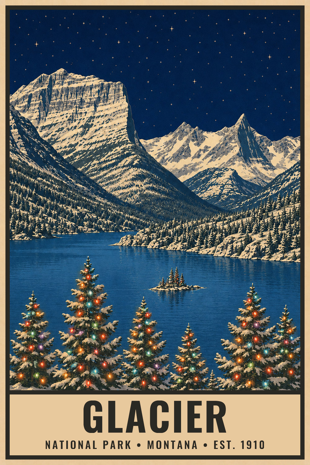 Christmas Glacier National Park Poster — vintage flat-ink style print of Glacier, Montana