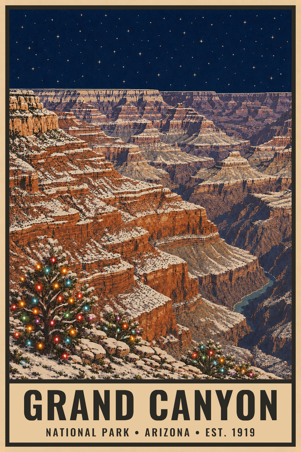 Christmas Grand Canyon National Park Poster — vintage flat-ink style print of Grand Canyon, Arizona