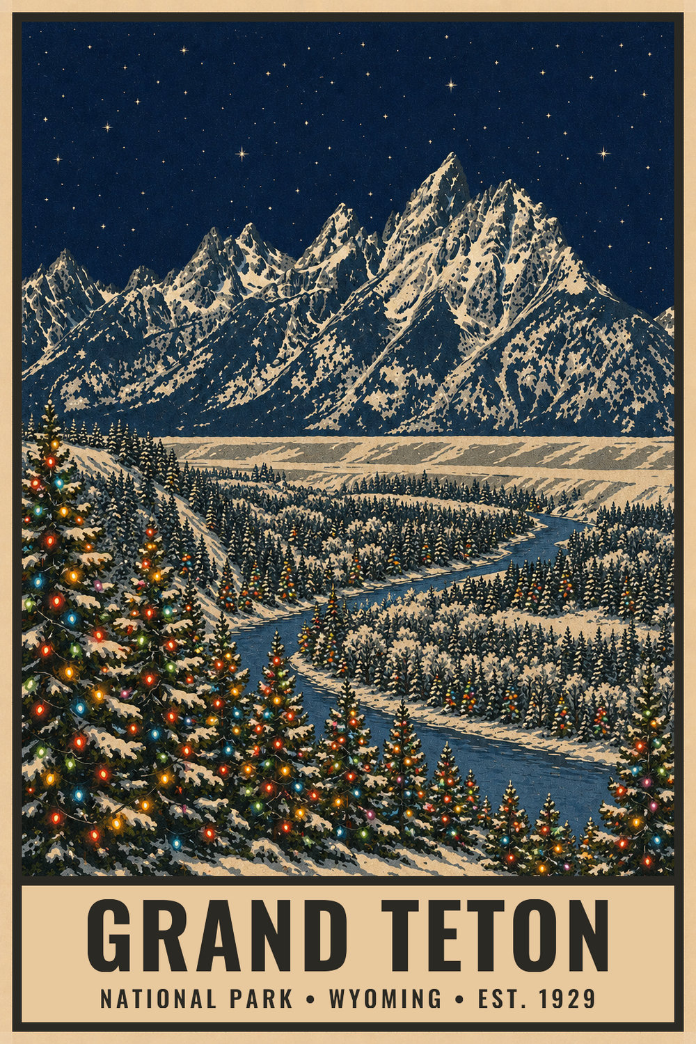 Christmas Grand Teton National Park Poster — vintage flat-ink style print of Grand Teton, Wyoming