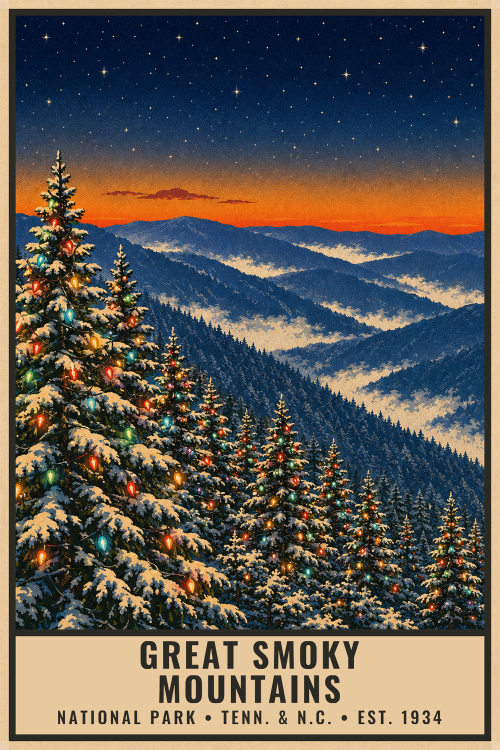 Christmas Great Smoky Mountains National Park Poster — vintage flat-ink style print of Great Smoky Mountains, Tenn. & N.C.