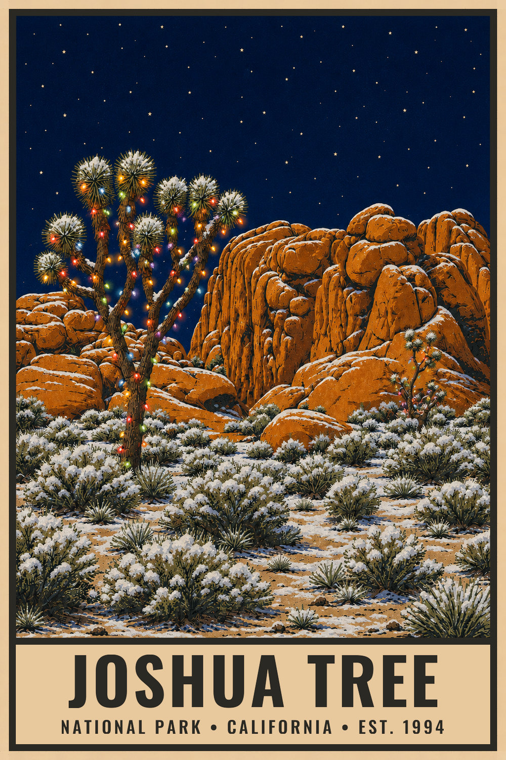 Christmas Joshua Tree National Park Poster — vintage flat-ink style print of Joshua Tree, California