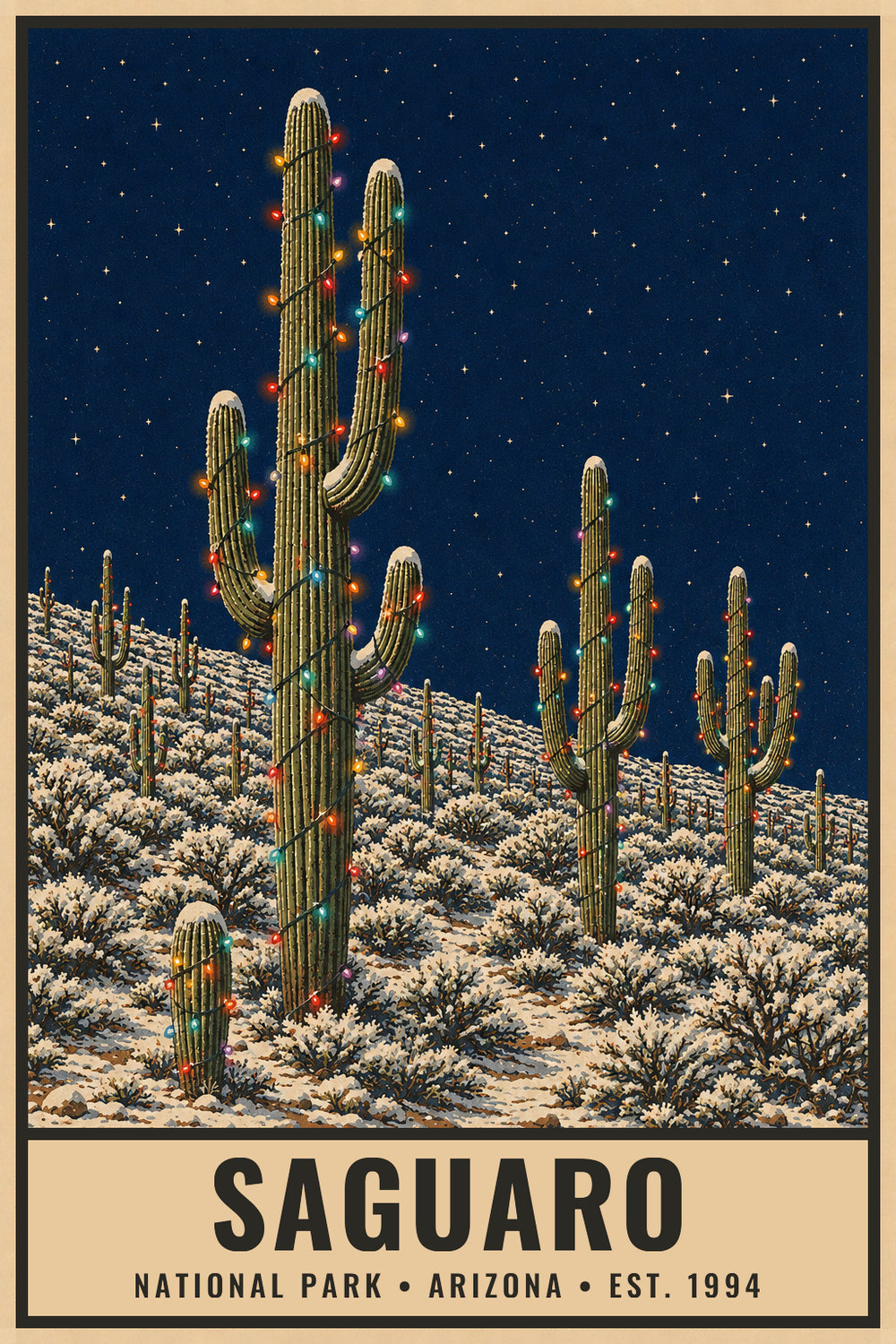 Christmas Saguaro National Park Poster — vintage flat-ink style print of Saguaro, Arizona