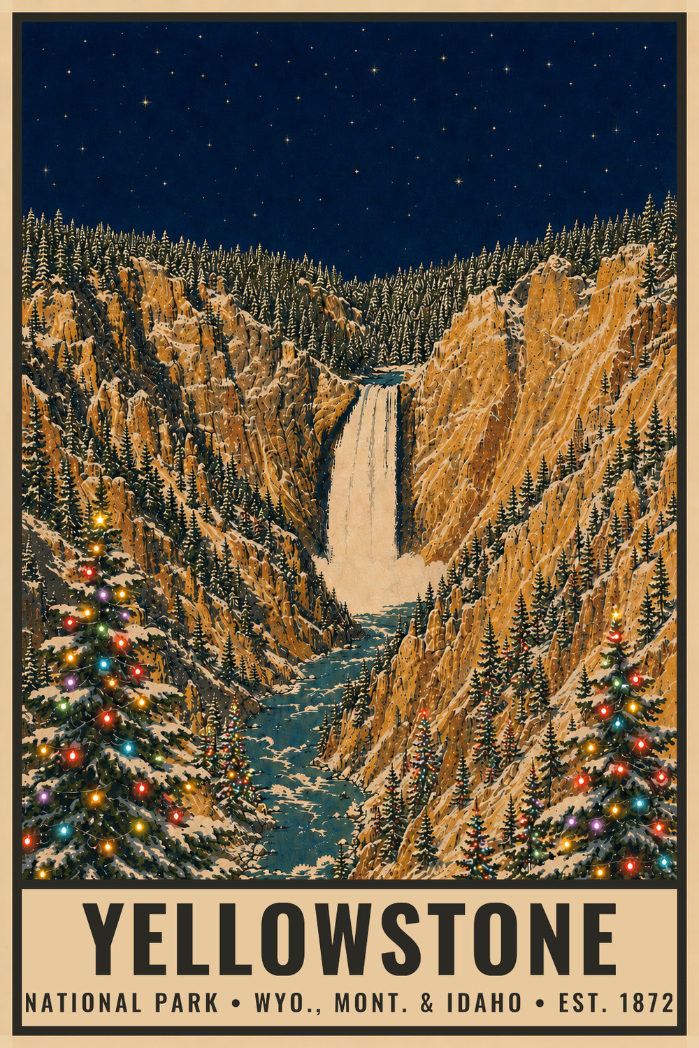 Christmas Yellowstone National Park Poster — vintage flat-ink style print of Yellowstone, Wyo., Mont. & Idaho