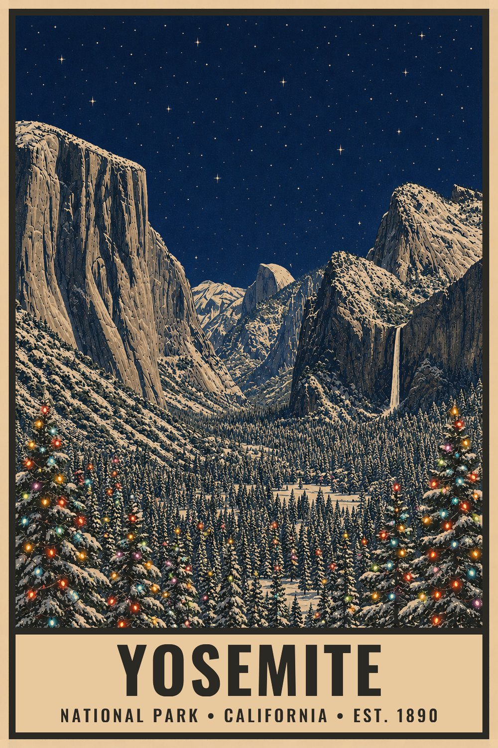 Christmas Yosemite National Park Poster — vintage flat-ink style print of Yosemite, California