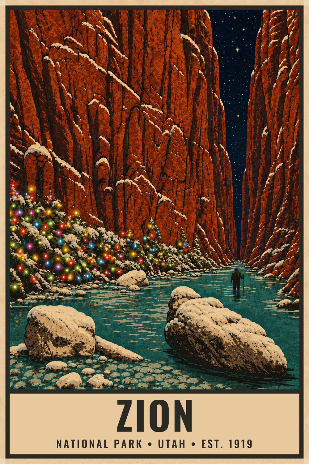 Christmas Zion National Park Poster — vintage flat-ink style print of Zion, Utah