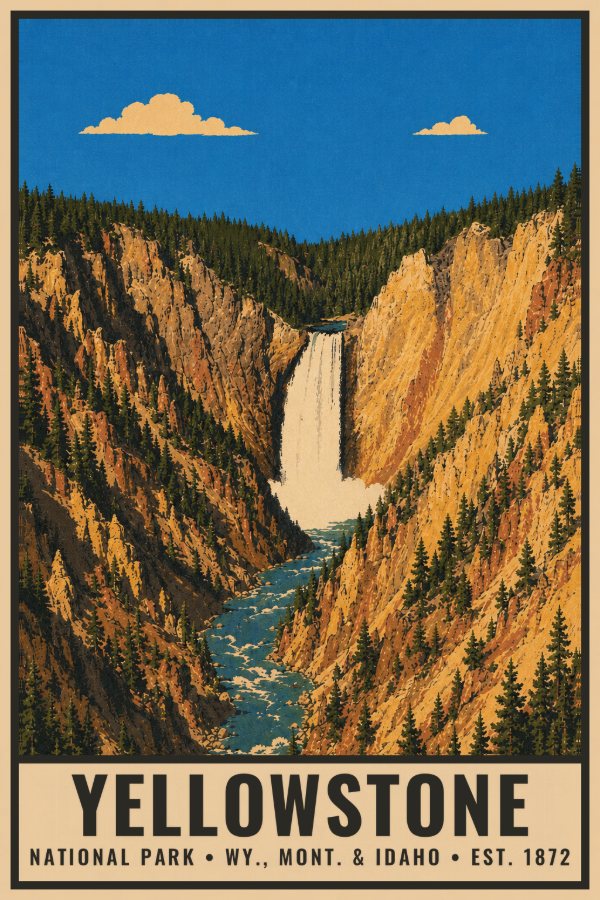 Yellowstone National Park Poster — vintage flat-ink style travel print of Yellowstone, Wyo., Mont. & Idaho