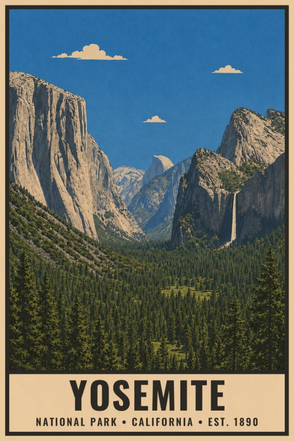 Yosemite National Park Poster — vintage flat-ink style travel print of Yosemite, California