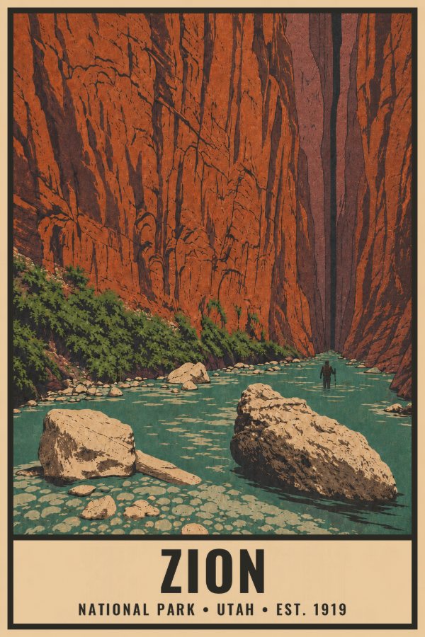 Zion National Park Poster — vintage flat-ink style travel print of Zion, Utah